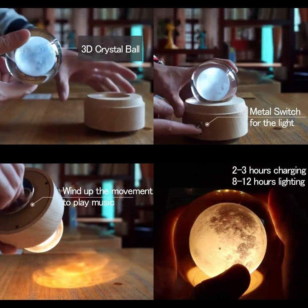 Projection LED Light-3D Crystal Ball Music Box Luminous Rotating Musical Box-Wood Base Best Gift for 【Mother'S Day Gift】 Birthday Christmas (Moon)