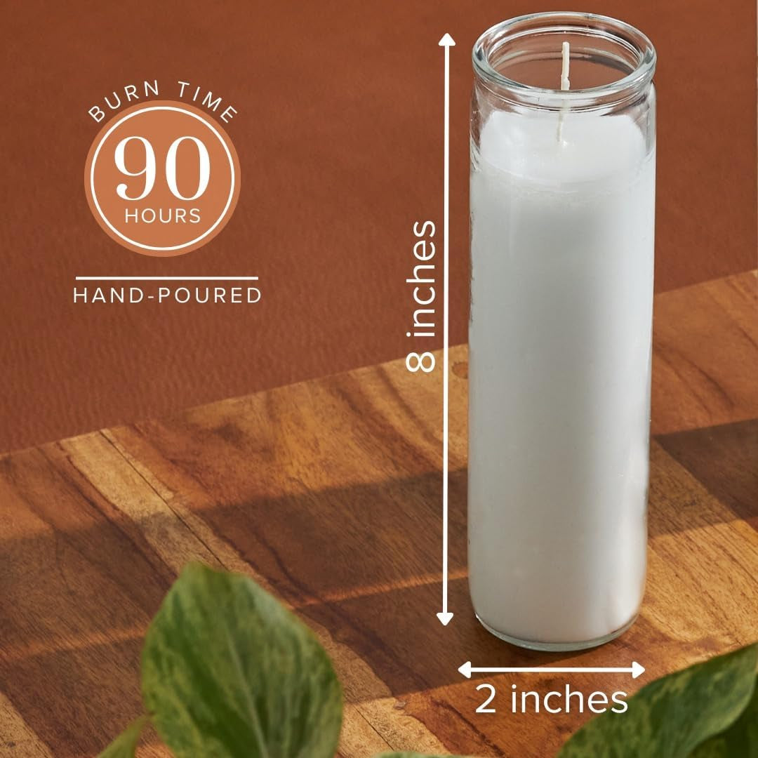 2X8 Inch 7 Day White Pillar Candles in Glass Set of 3, 90 Hour Burn Time, Unscented Prayer Candles for Memorials and Vigils