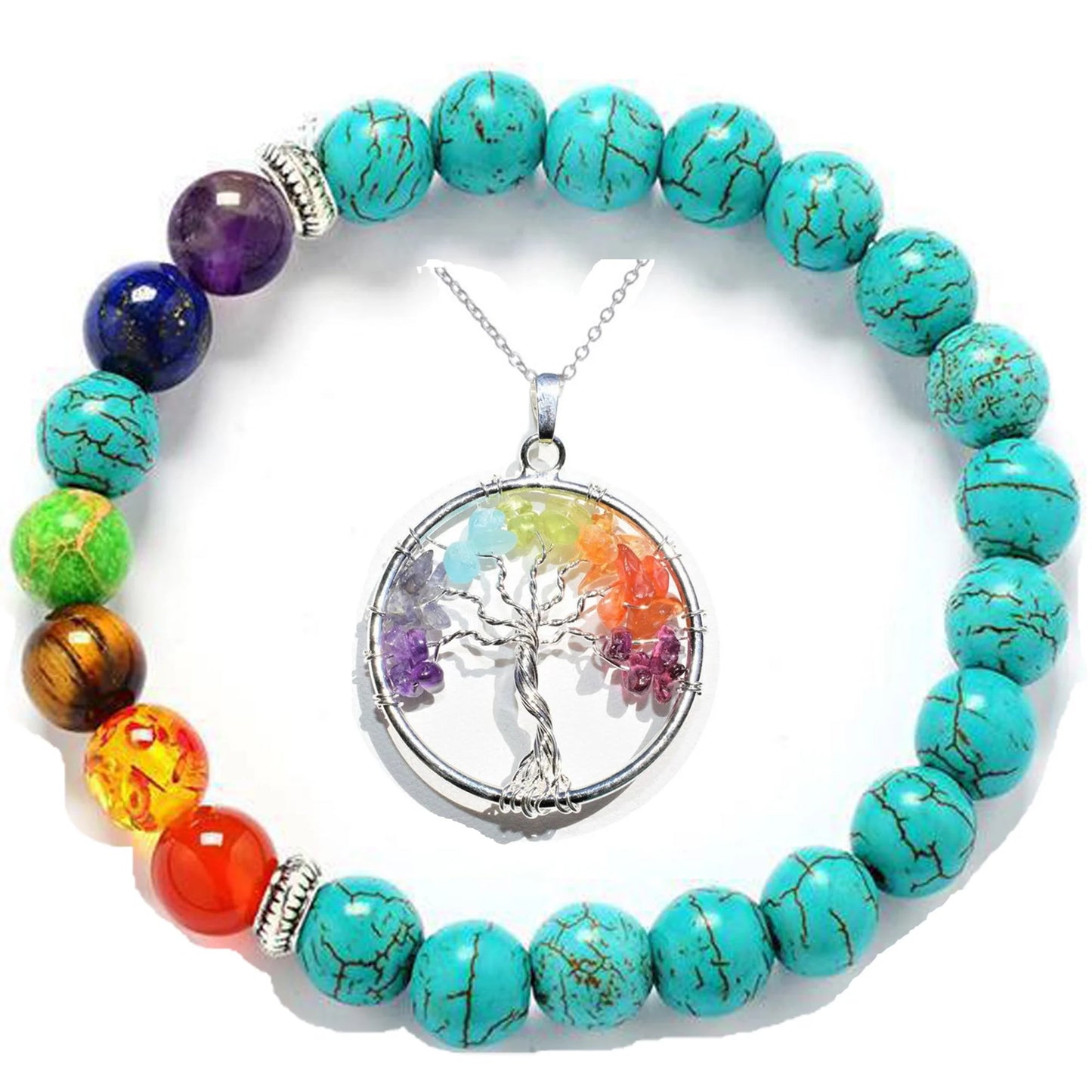 Unisex, Adult Chakra Pendant Necklace and Turquoise Energy Stone Bracelet