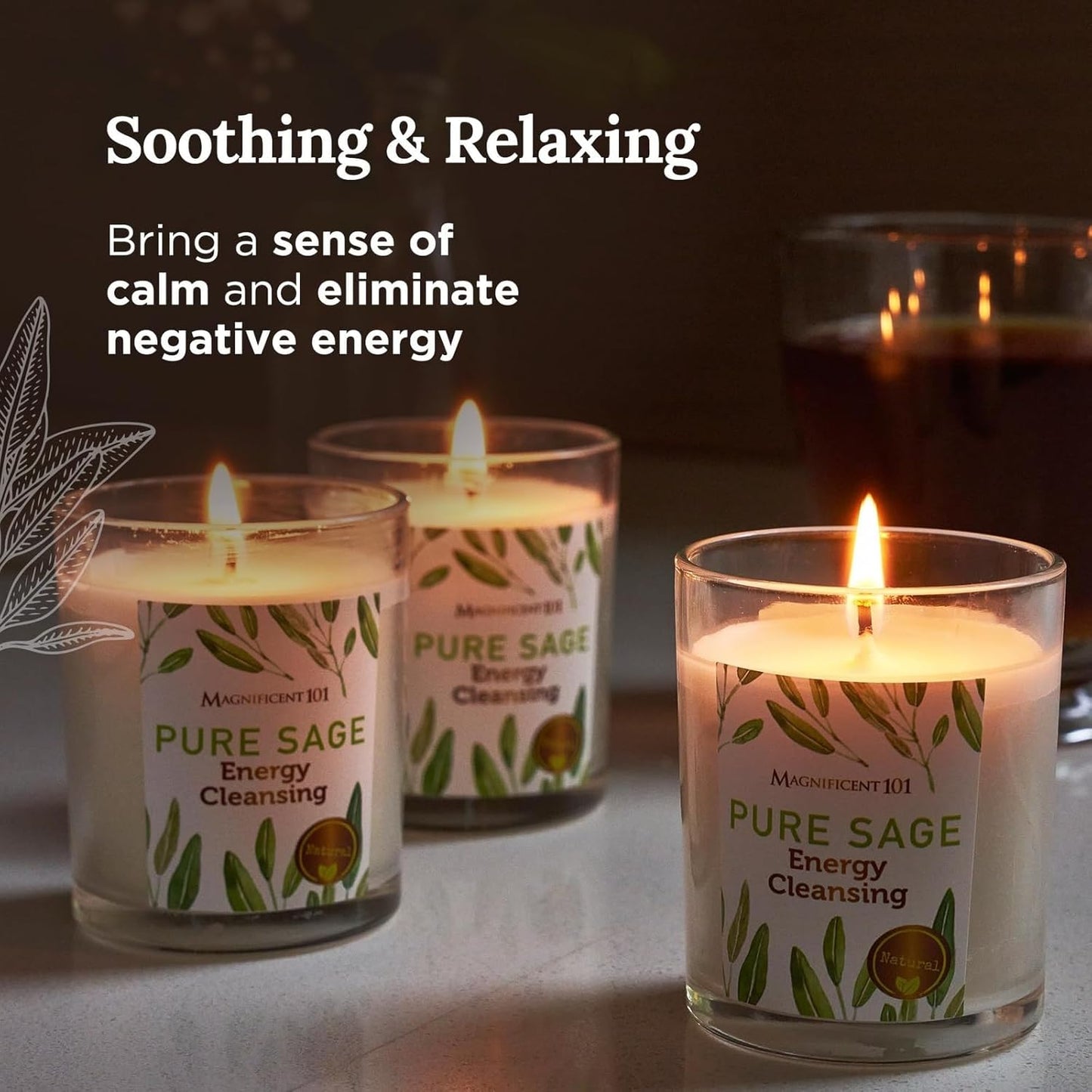 Set of 3 Long Lasting Pure Sage Smudge Candles - 42-Hour Burn, 3.5 Oz Each, Soy Wax, Sage Cleansing for House Energy, Meditation & Manifestation