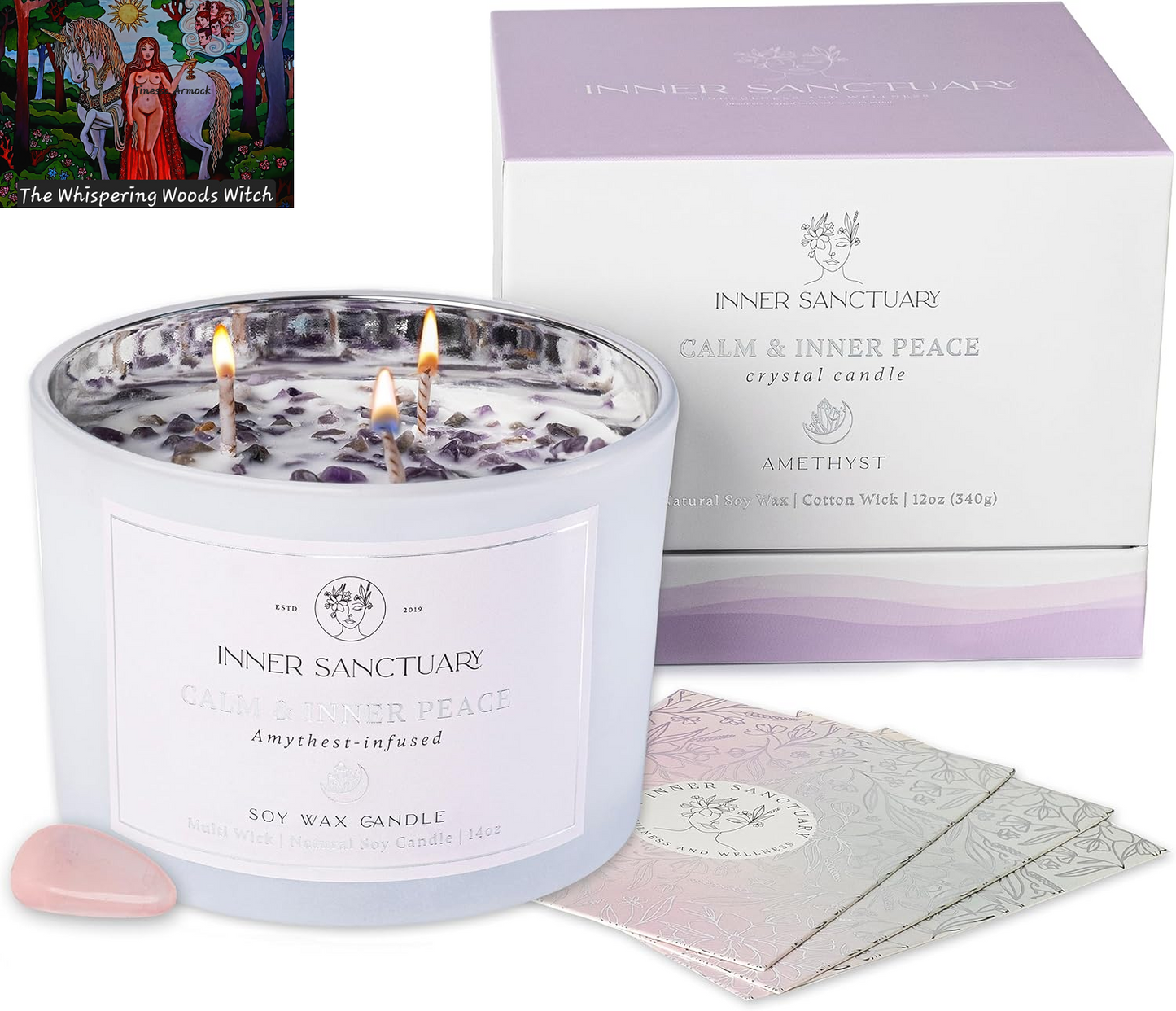 Healing Crystal Candle with Real Amethyst Crystals inside - 12Oz Soy Wax | Aromatherapy Candle | Spiritual Gifts for Woman | Meditation Gifts