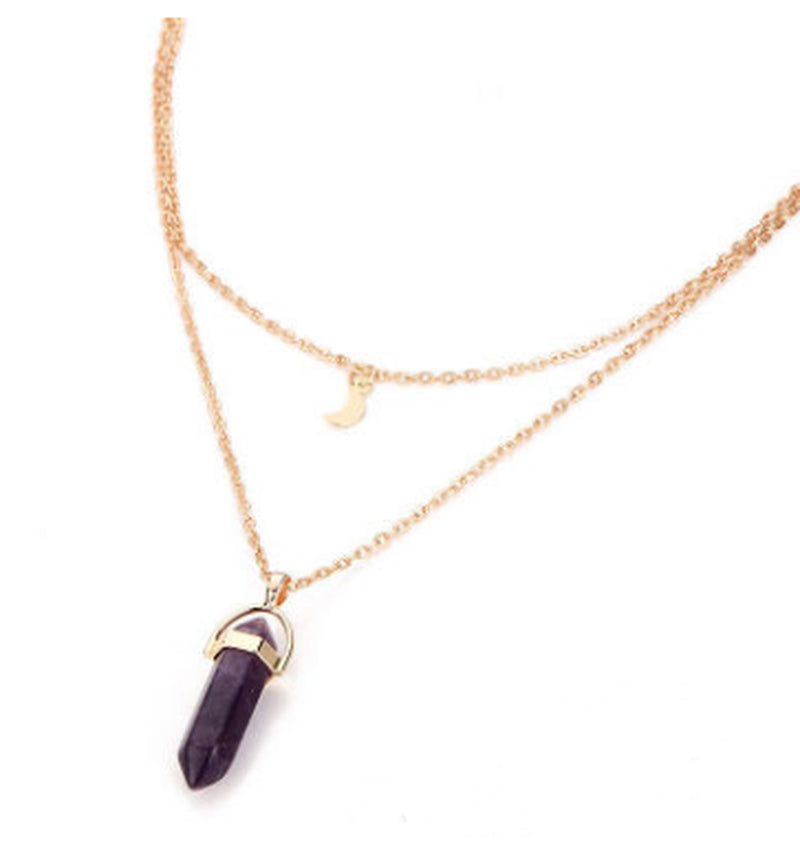 Natural Stone Glass Hexagonal Necklace Necklace European and American Fashion Double Moon Moon Crescent Bullets Pendulum Pendant Necklace