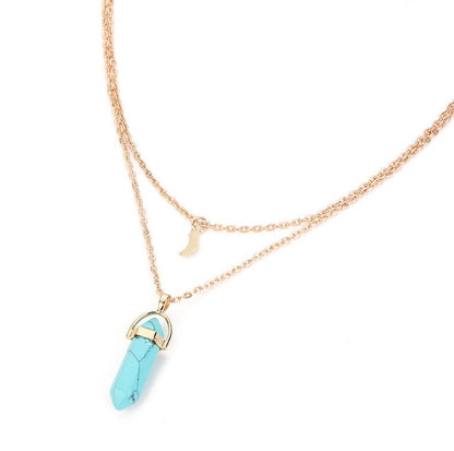 Natural Stone Glass Hexagonal Necklace Necklace European and American Fashion Double Moon Moon Crescent Bullets Pendulum Pendant Necklace