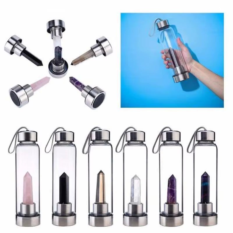 2021 New 500ML Natural Gemstone Glass Water Bottle for Direct Drinking Crystal Rod Cup Glass Bottle with Rope Glass Bottle