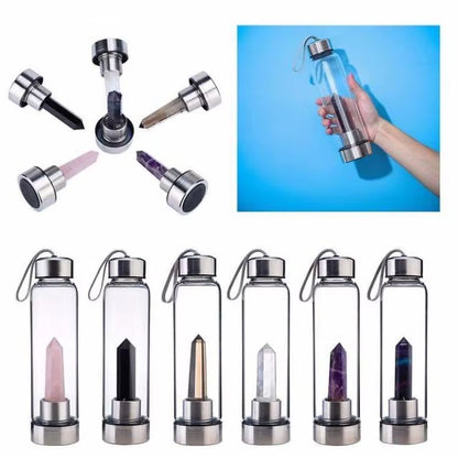 2021 New 500ML Natural Gemstone Glass Water Bottle for Direct Drinking Crystal Rod Cup Glass Bottle with Rope Glass Bottle