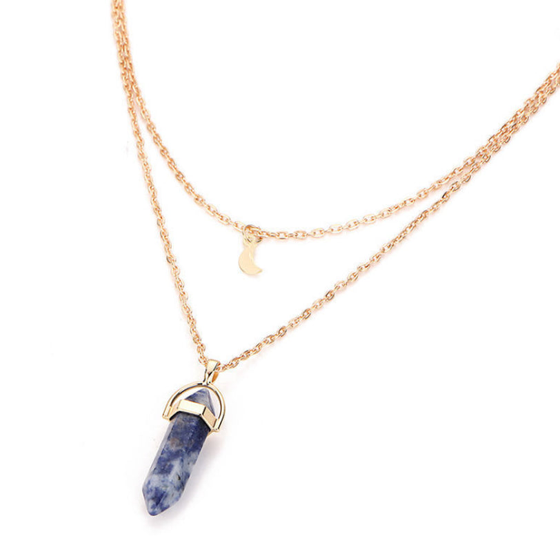 Natural Stone Glass Hexagonal Necklace Necklace European and American Fashion Double Moon Moon Crescent Bullets Pendulum Pendant Necklace