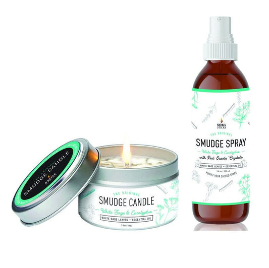 Eucalyptus Smudge Spray and Candle Bundle | for Cleansing House, Meditation, Chakra Healing, Aromatherapy | Smudging Candle with Crystals and Herbs