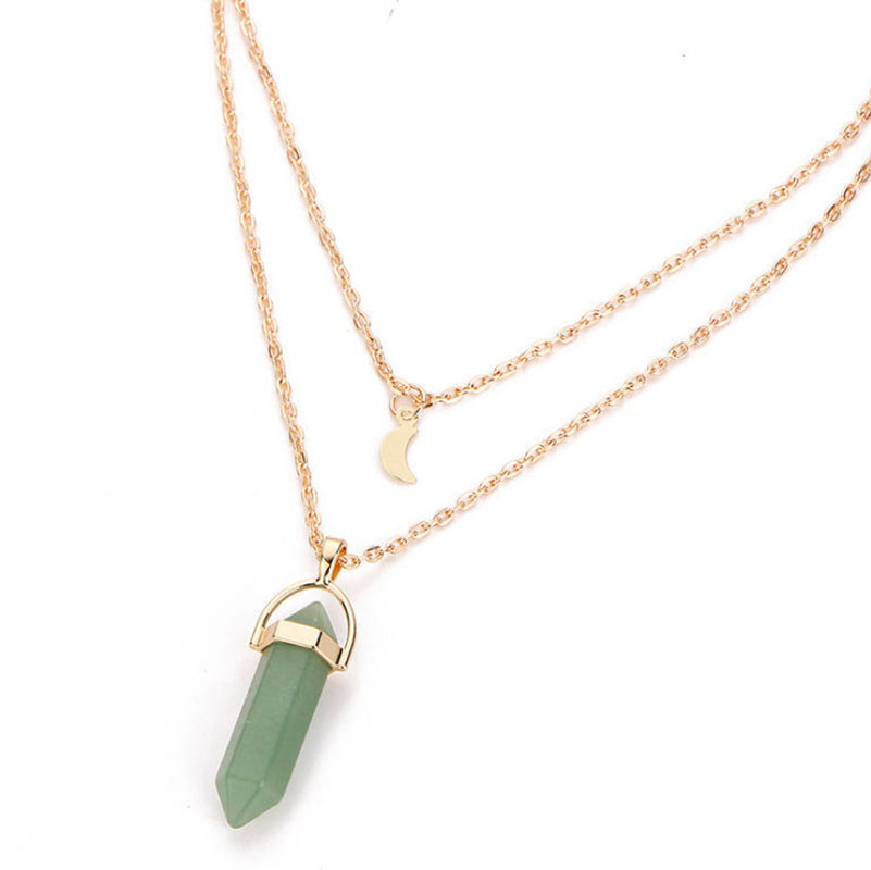 Natural Stone Glass Hexagonal Necklace Necklace European and American Fashion Double Moon Moon Crescent Bullets Pendulum Pendant Necklace