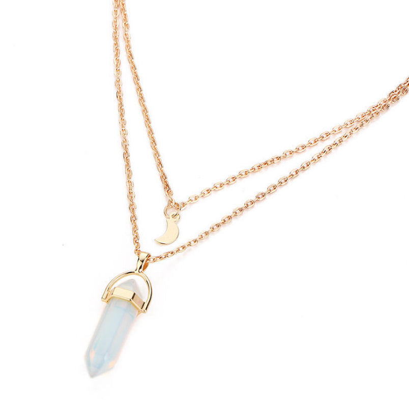 Natural Stone Glass Hexagonal Necklace Necklace European and American Fashion Double Moon Moon Crescent Bullets Pendulum Pendant Necklace