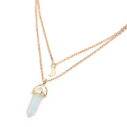 Natural Stone Glass Hexagonal Necklace Necklace European and American Fashion Double Moon Moon Crescent Bullets Pendulum Pendant Necklace