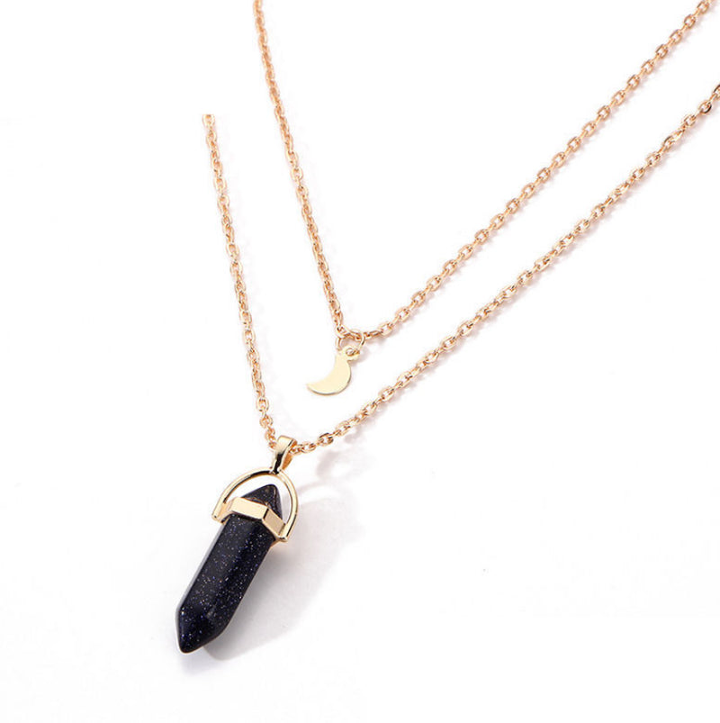 Natural Stone Glass Hexagonal Necklace Necklace European and American Fashion Double Moon Moon Crescent Bullets Pendulum Pendant Necklace