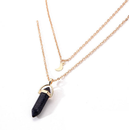 Natural Stone Glass Hexagonal Necklace Necklace European and American Fashion Double Moon Moon Crescent Bullets Pendulum Pendant Necklace