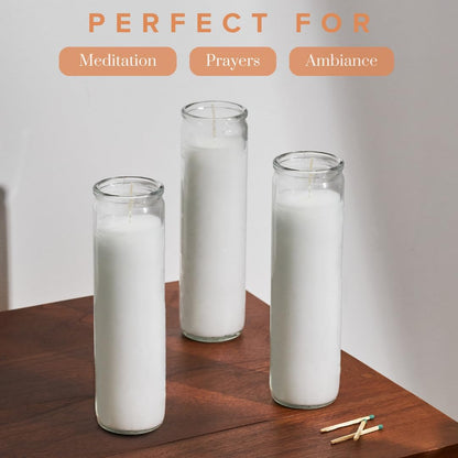 2X8 Inch 7 Day White Pillar Candles in Glass Set of 3, 90 Hour Burn Time, Unscented Prayer Candles for Memorials and Vigils