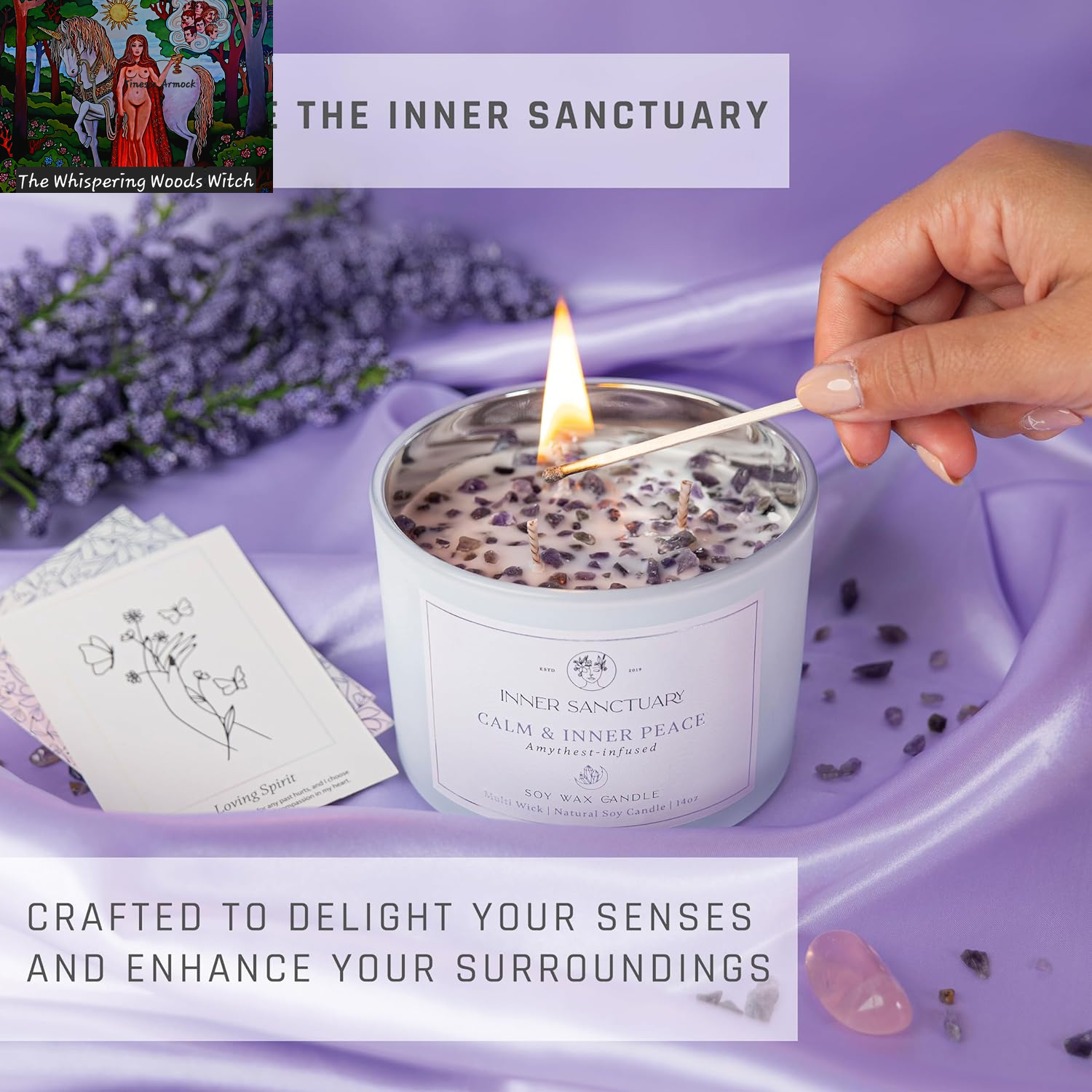 Healing Crystal Candle with Real Amethyst Crystals inside - 12Oz Soy Wax | Aromatherapy Candle | Spiritual Gifts for Woman | Meditation Gifts